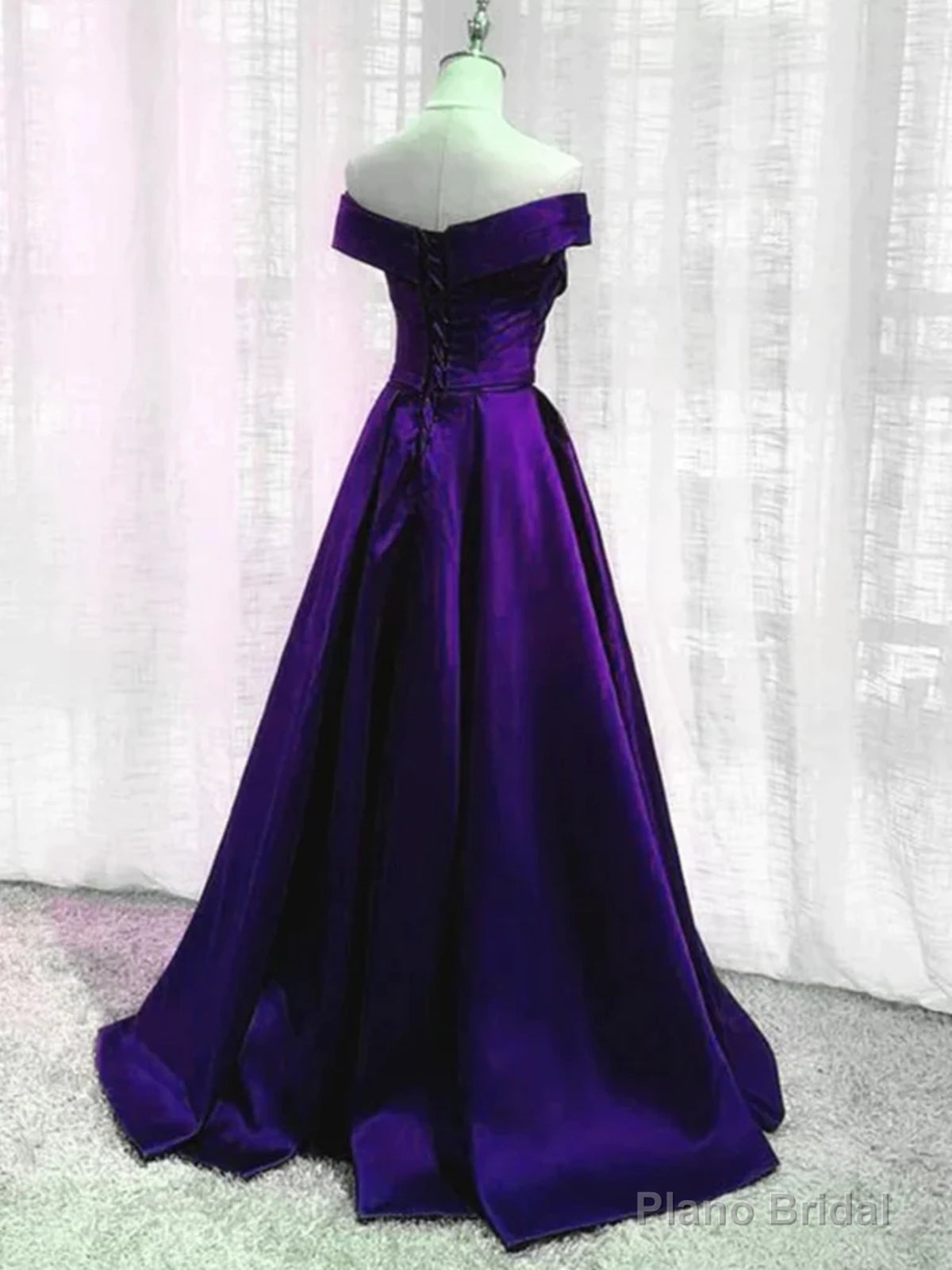 Off the Shoulder Purple Satin Long Prom Dresses, Off Shoulder Long Purple Formal Graduation Dresses Secondary image