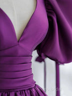 Off The Shoulder Purple Satin Long Formal Prom Dresses, Purple Off Shoulder Long Formal Dresses