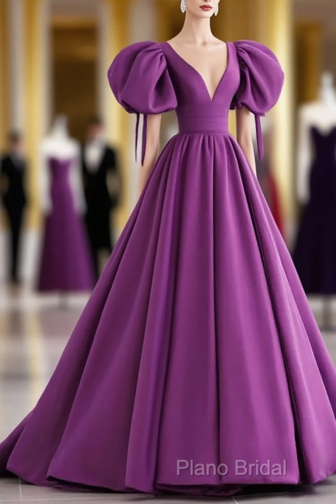 Off The Shoulder Purple Satin Long Formal Prom Dresses, Purple Off Shoulder Long Formal Dresses Main image