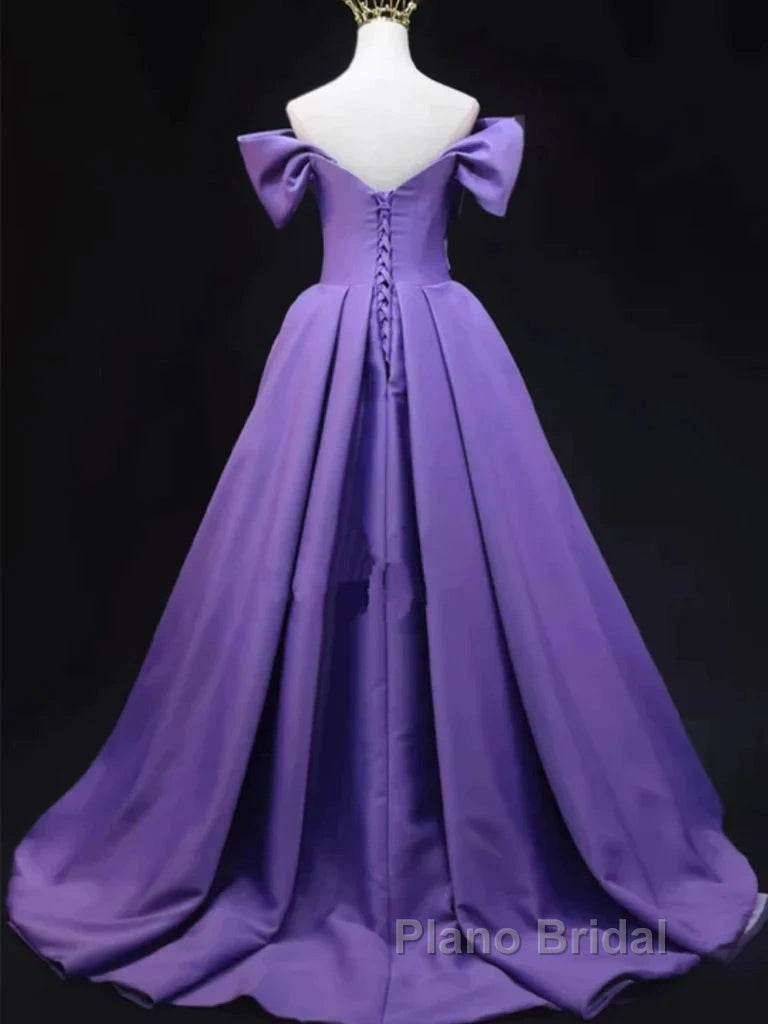 Off The Shoulder Purple Satin Ruched Formal Prom Dresses