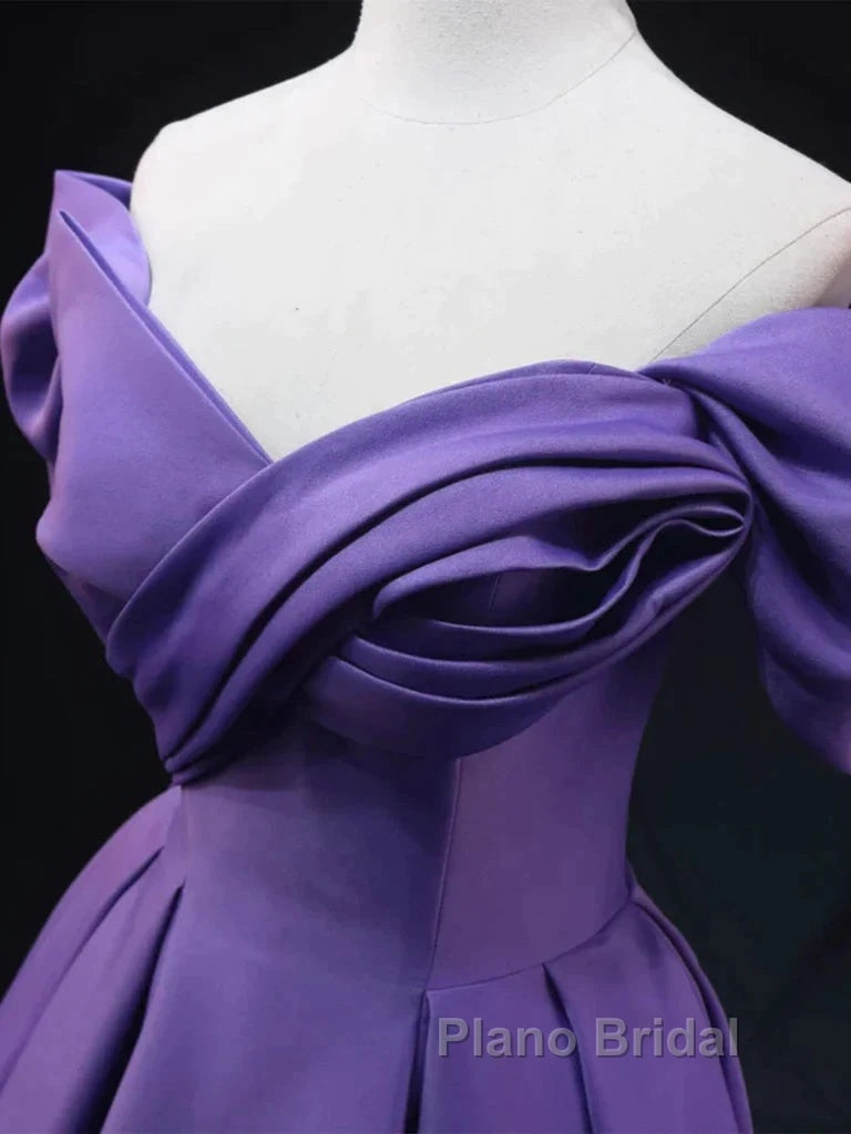 Off The Shoulder Purple Satin Ruched Formal Prom Dresses