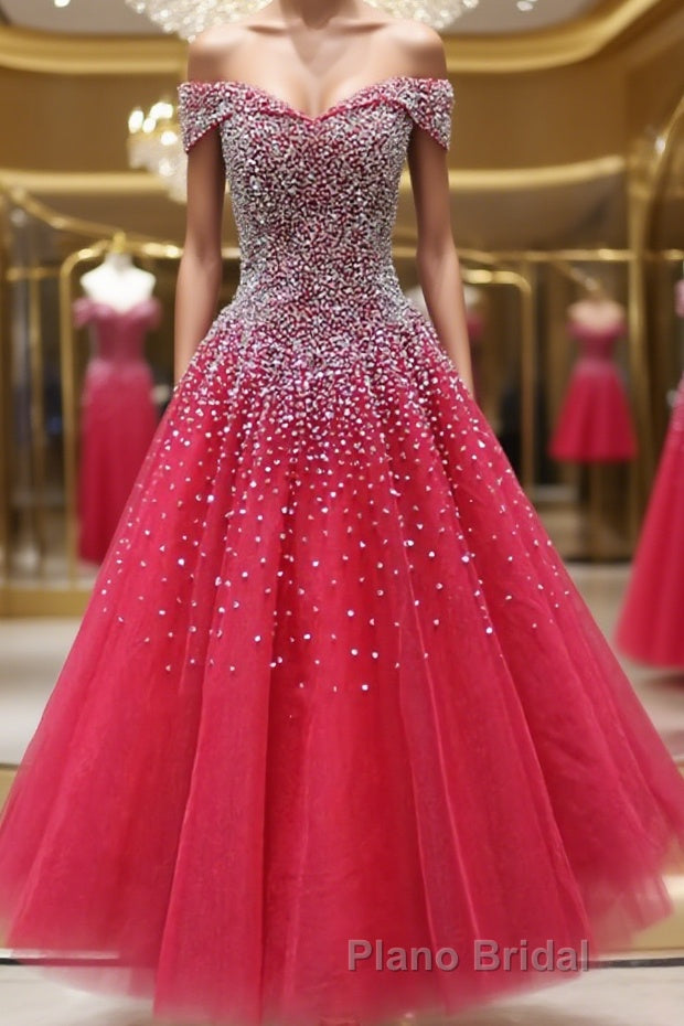 Off the Shoulder Red Long Formal Prom Gown, Off the Shoulder Red Beaded Formal Evening Dresses Main image