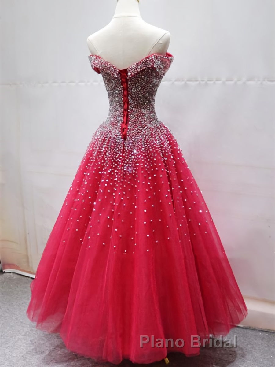 Off the Shoulder Red Long Formal Prom Gown, Off the Shoulder Red Beaded Formal Evening Dresses