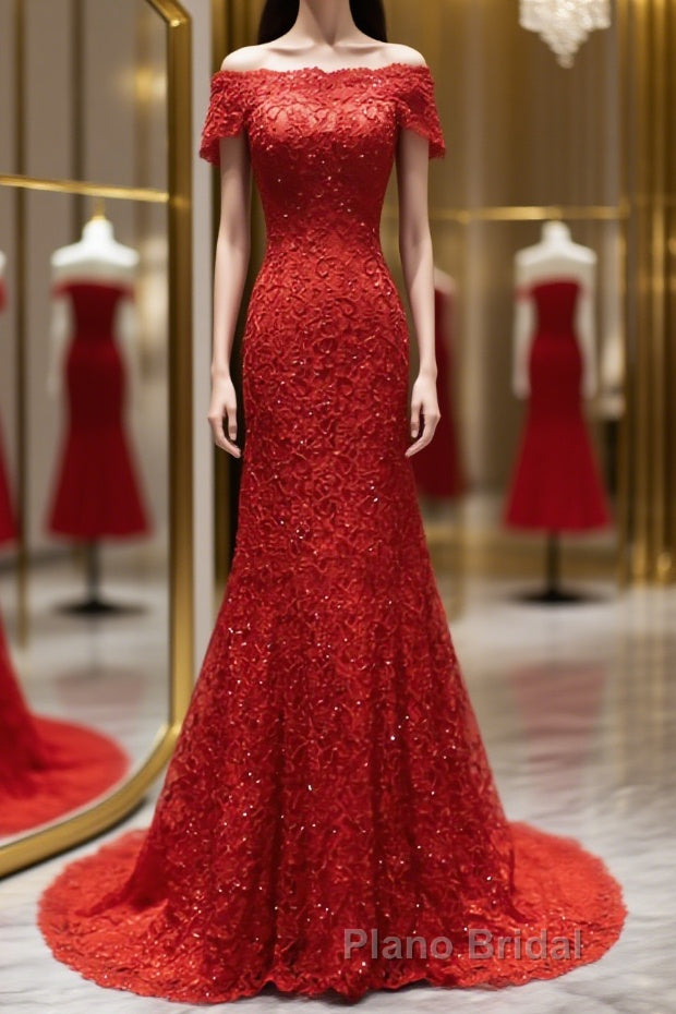 Off the Shoulder Red Mermaid Lace Formal Prom Dresses, Red Mermaid Lace Formal Bridesmaid Dresses