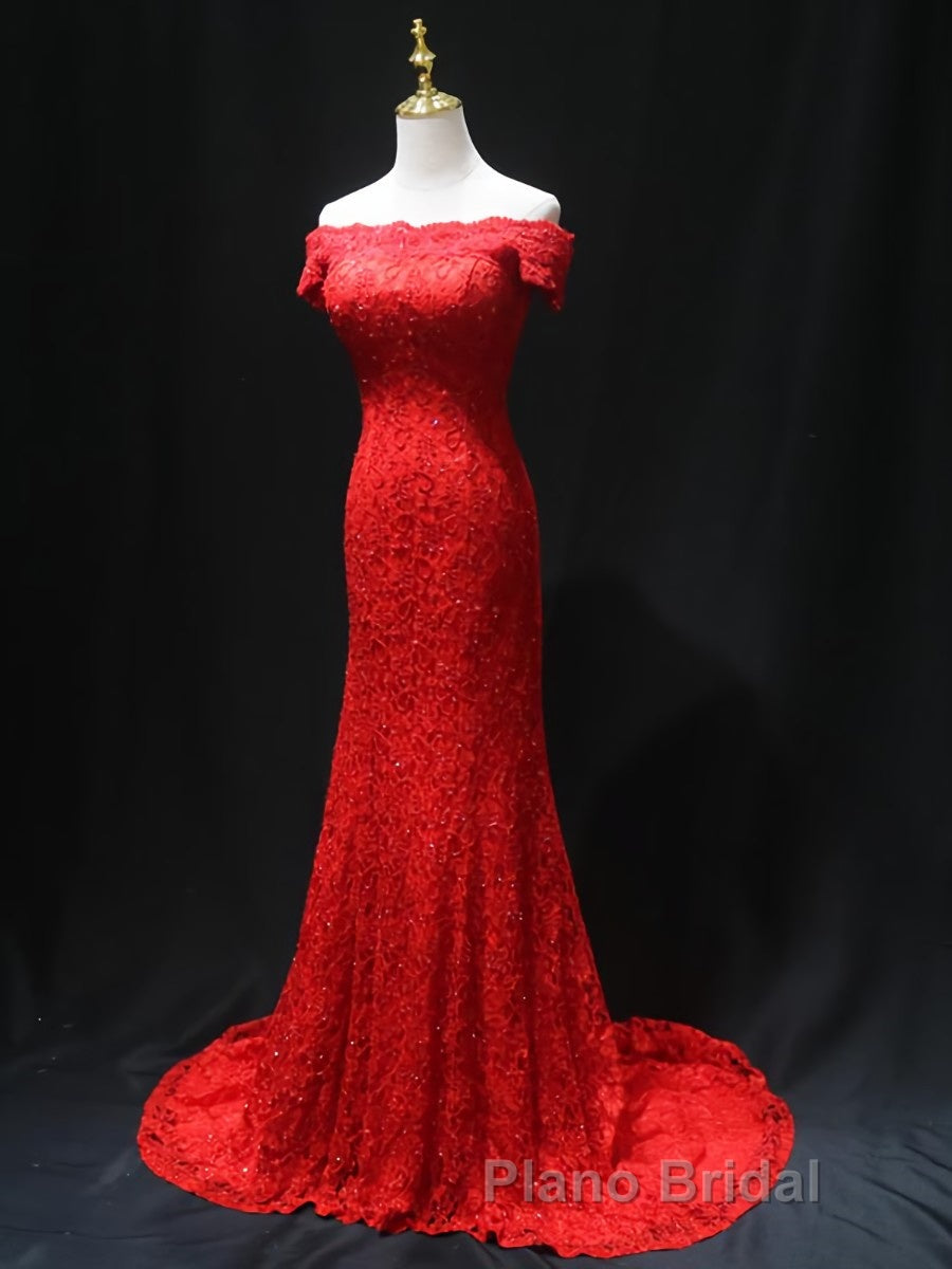 Off the Shoulder Red Mermaid Lace Formal Prom Dresses, Red Mermaid Lace Formal Bridesmaid Dresses
