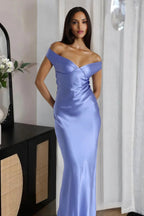 Off The Shoulder Sheath Maxi Dress Satin Long Prom Dress With Open Back