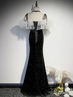 Off the Shoulder Shiny Black Mermaid Prom Dresses, Shiny Black Long Formal Dresses