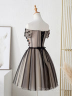 Off The Shoulder Short Black Floral Formal Prom Dresses, Short Black Floral Graduation Homecoming Dresses