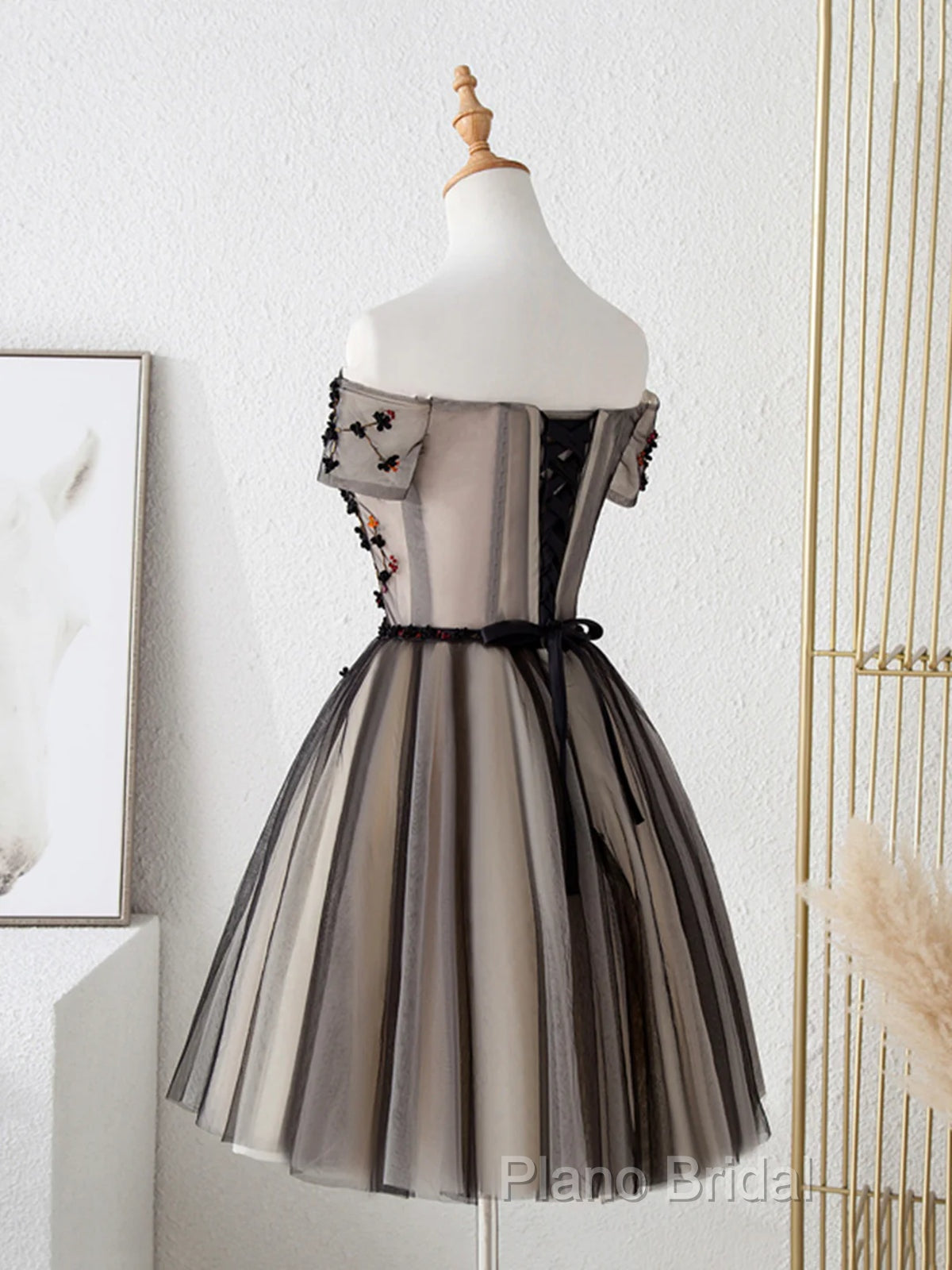 Off The Shoulder Short Black Floral Formal Prom Dresses, Short Black Floral Graduation Homecoming Dresses