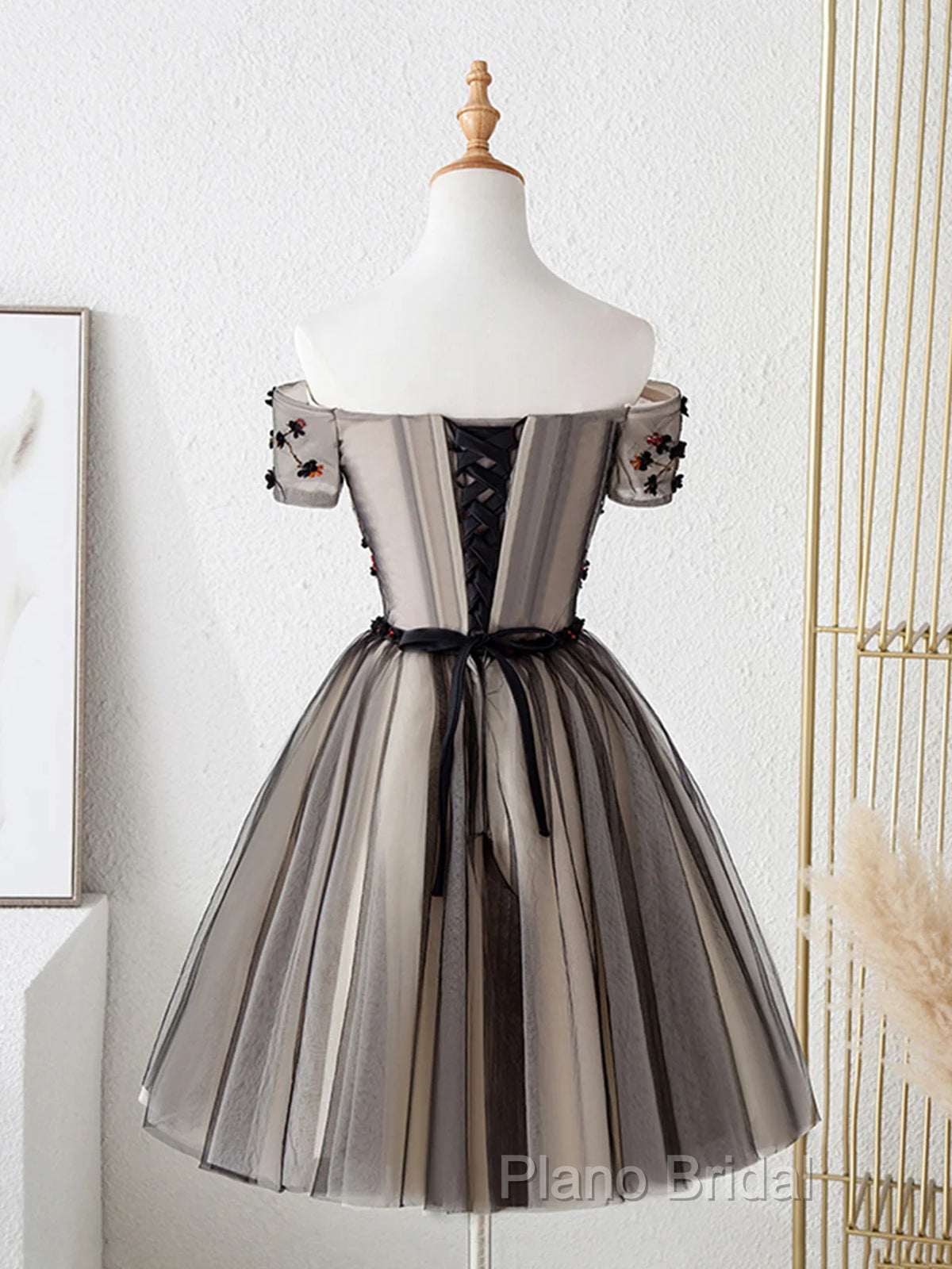 Off The Shoulder Short Black Floral Formal Prom Dresses, Short Black Floral Graduation Homecoming Dresses