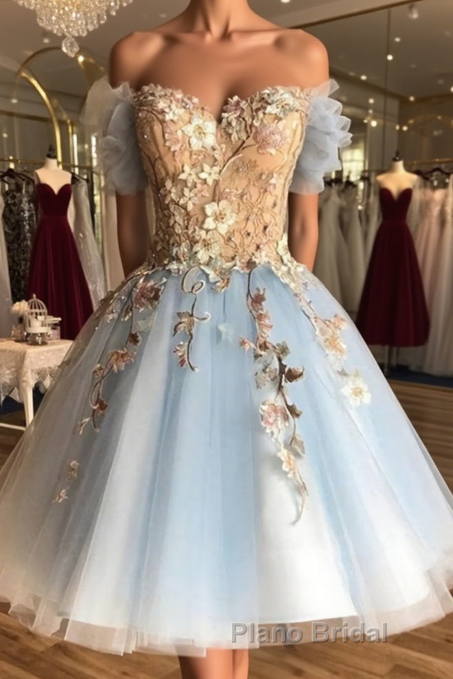 Off the Shoulder Short Blue Lace Floral Formal Prom Dresses, Off the Shoulder Short Blue Lace Graduation Homecoming Dresses Main image