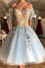 Off the Shoulder Short Blue Lace Floral Formal Prom Dresses, Off the Shoulder Short Blue Lace Graduation Homecoming Dresses