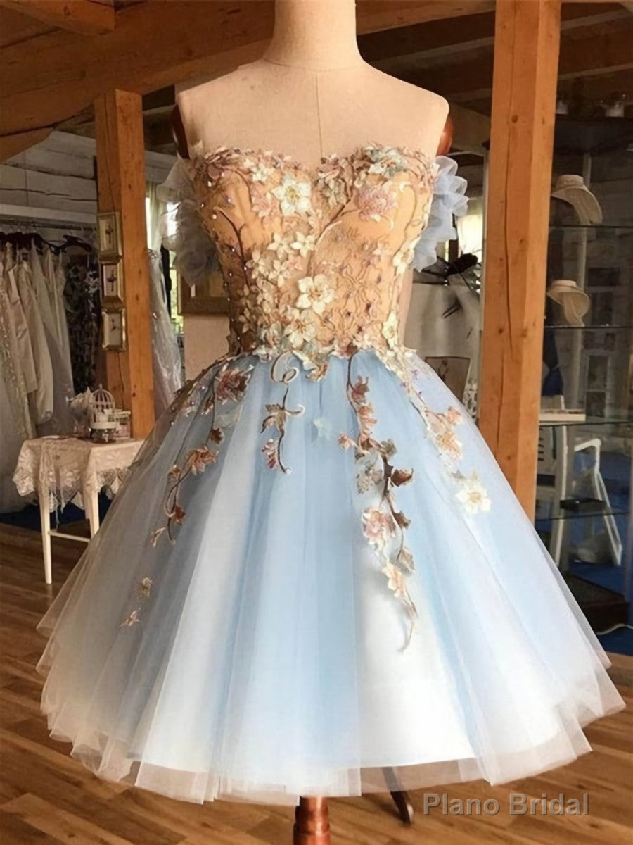 Off the Shoulder Short Blue Lace Floral Prom Dresses, Short Blue Lace Graduation Homecoming Dresses Main image