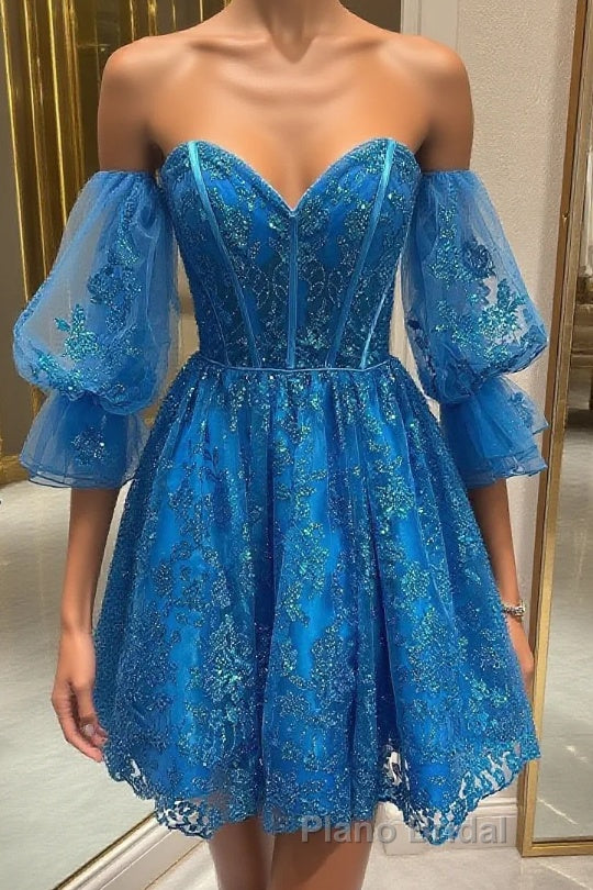 Off the Shoulder Short Blue Lace Formal Prom Dresses, Short Blue Lace Formal Homecoming Dresses Main image