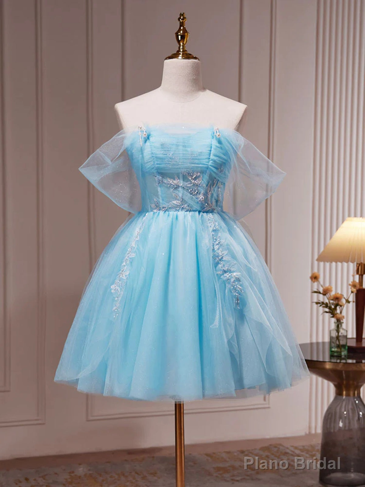 Off the Shoulder Short Blue Prom Dresses, Short Blue Lace Formal Homecoming Dresses Main image