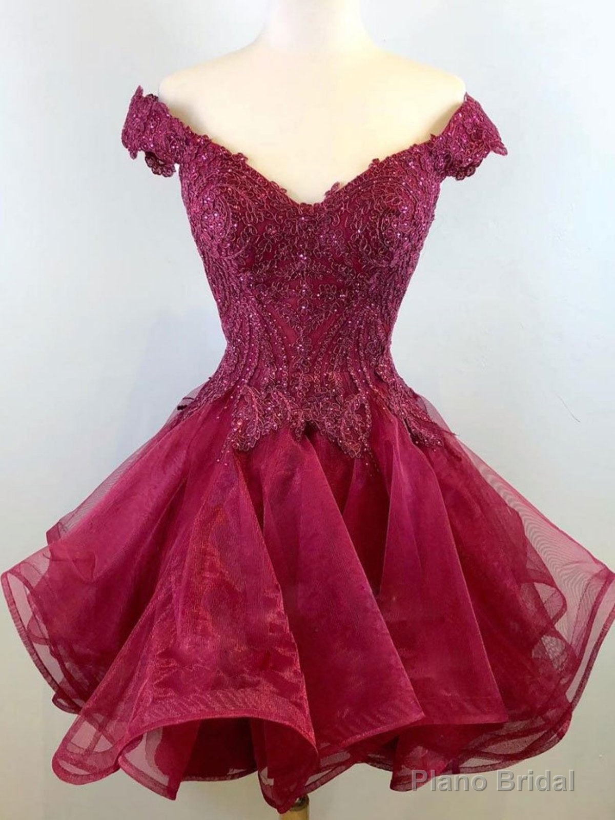 Off the Shoulder Short Burgundy Lace Prom Dresses, Short Burgundy Lace Graduation Homecoming Dresses Main image
