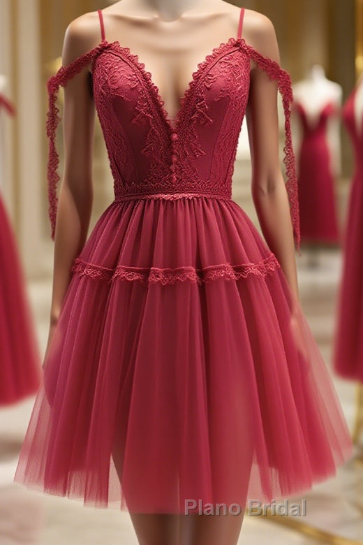 Off the Shoulder Short Burgundy Lace Formal Prom Dresses, Wine Red Short Lace Formal Graduation Dresses Main image