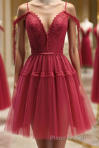 Off the Shoulder Short Burgundy Lace Formal Prom Dresses, Wine Red Short Lace Formal Graduation Dresses