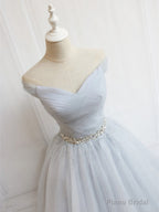 Off the Shoulder Short Gray Prom Dresses, Short Beaded Gray Graduation Homecoming Dresses