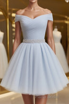 Off the Shoulder Short Gray Formal Prom Dresses with Coset Back, Short Beaded Gray Graduation Homecoming Dresses