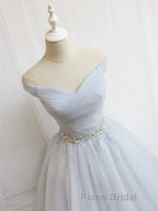 Off the Shoulder Short Gray Formal Prom Dresses with Coset Back, Short Beaded Gray Graduation Homecoming Dresses