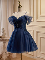Off the Shoulder Short Navy Blue Prom Dresses, Dark Blue Off Shoulder Graduation Homecoming Dresses