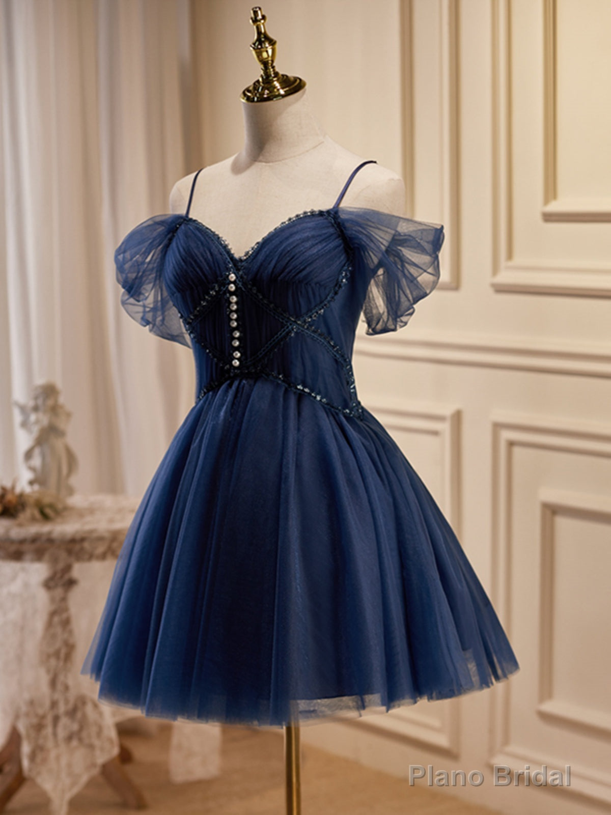 Off the Shoulder Short Navy Blue Prom Dresses, Dark Blue Off Shoulder Graduation Homecoming Dresses Main image