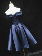 Off the Shoulder Short Navy Blue Prom Dresses, Short Blue Homecoming Graduation Dresses