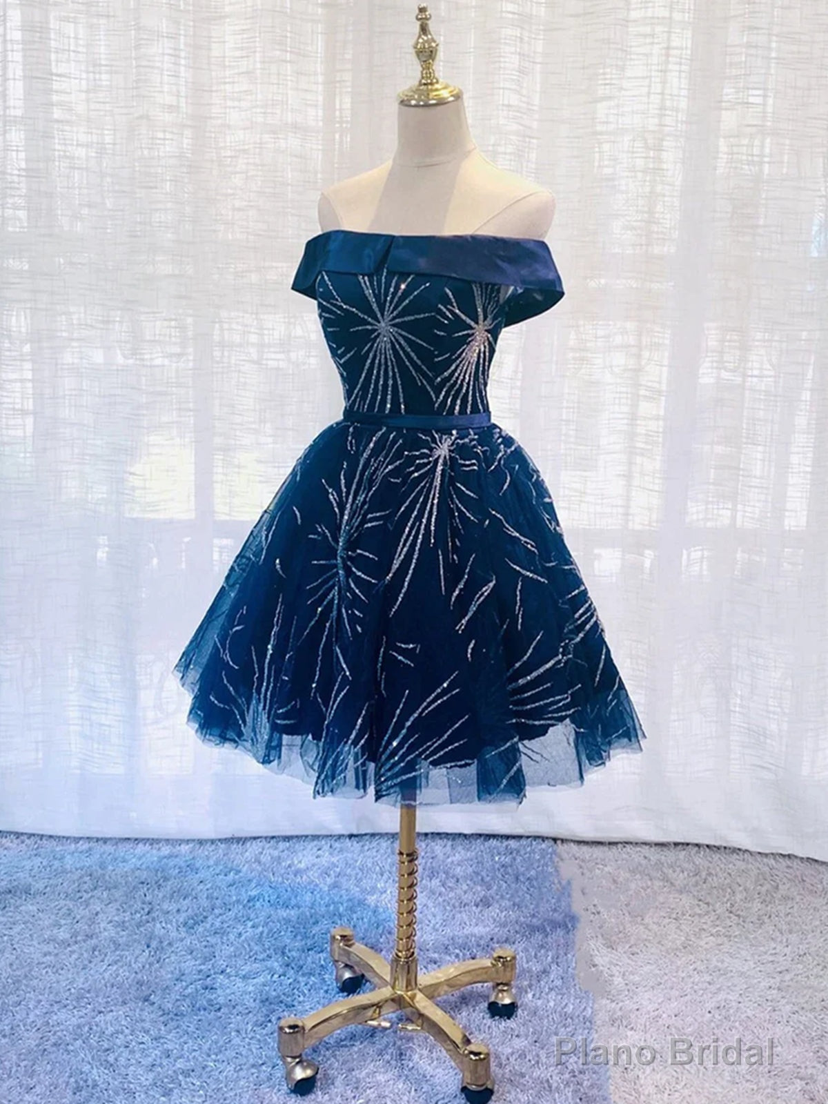 Off the Shoulder Short Navy Blue Prom Dresses, Short Dark Blue Formal Homecoming Dresses Main image