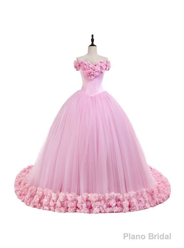 Off the Shoulder Sweet 16 Dress Pink 3D Flowers Tulle Quinceanera Dresses Main image