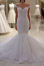 Off the Shoulder Sweetheart White Lace Appliques Tulle Mermaid Wedding Dress