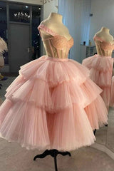 Off The Shoulder Tiered Pink Homecoming Dress