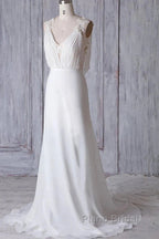 Off-The-Shoulder V Neck Backless Sheath Lace Chiffon Long Beach Wedding Dresses