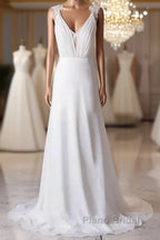 Off-The-Shoulder V Neck Backless Sheath Lace Chiffon Long Beach Wedding Dresses