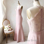 Off-The-Shoulder V Neck Mermaid Dusty Pink Floor Length Lace Bridesmaid Dresses