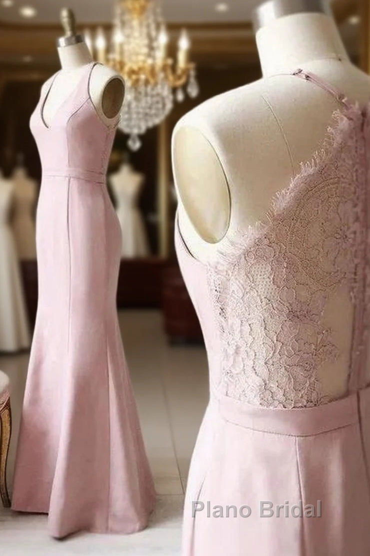 Off-The-Shoulder V Neck Mermaid Dusty Pink Floor Length Lace Bridesmaid Dresses Main image