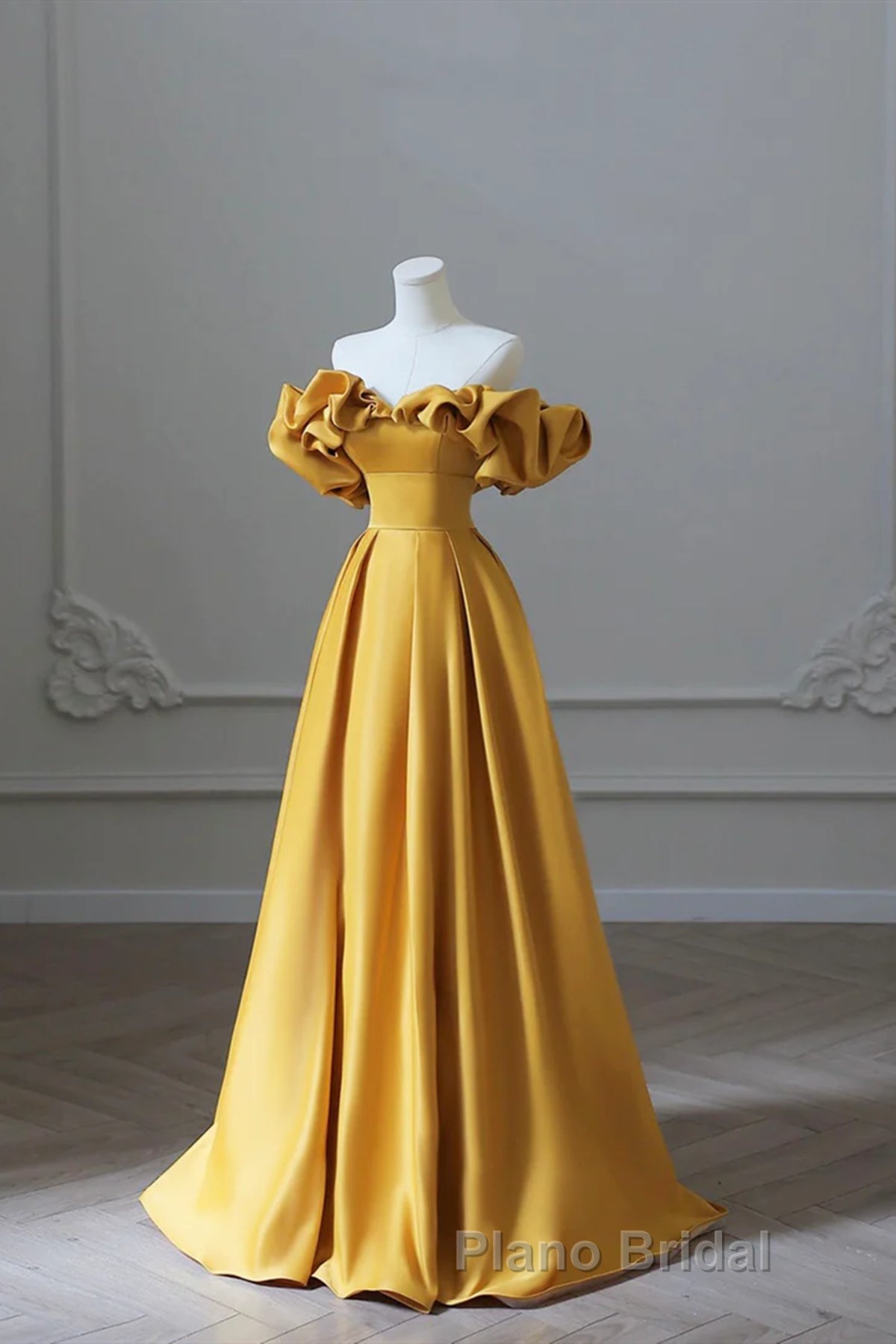 Off the Shoulder Yellow Satin Long Formal Prom Dresses, Off Shoulder Yellow Long Formal Evening Dresses Main image