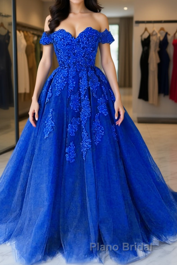 Off the Shouler Royal Blue Lace Formal Prom Dresses, Off Shoulder Blue Lace Formal Evening Dresses Main image