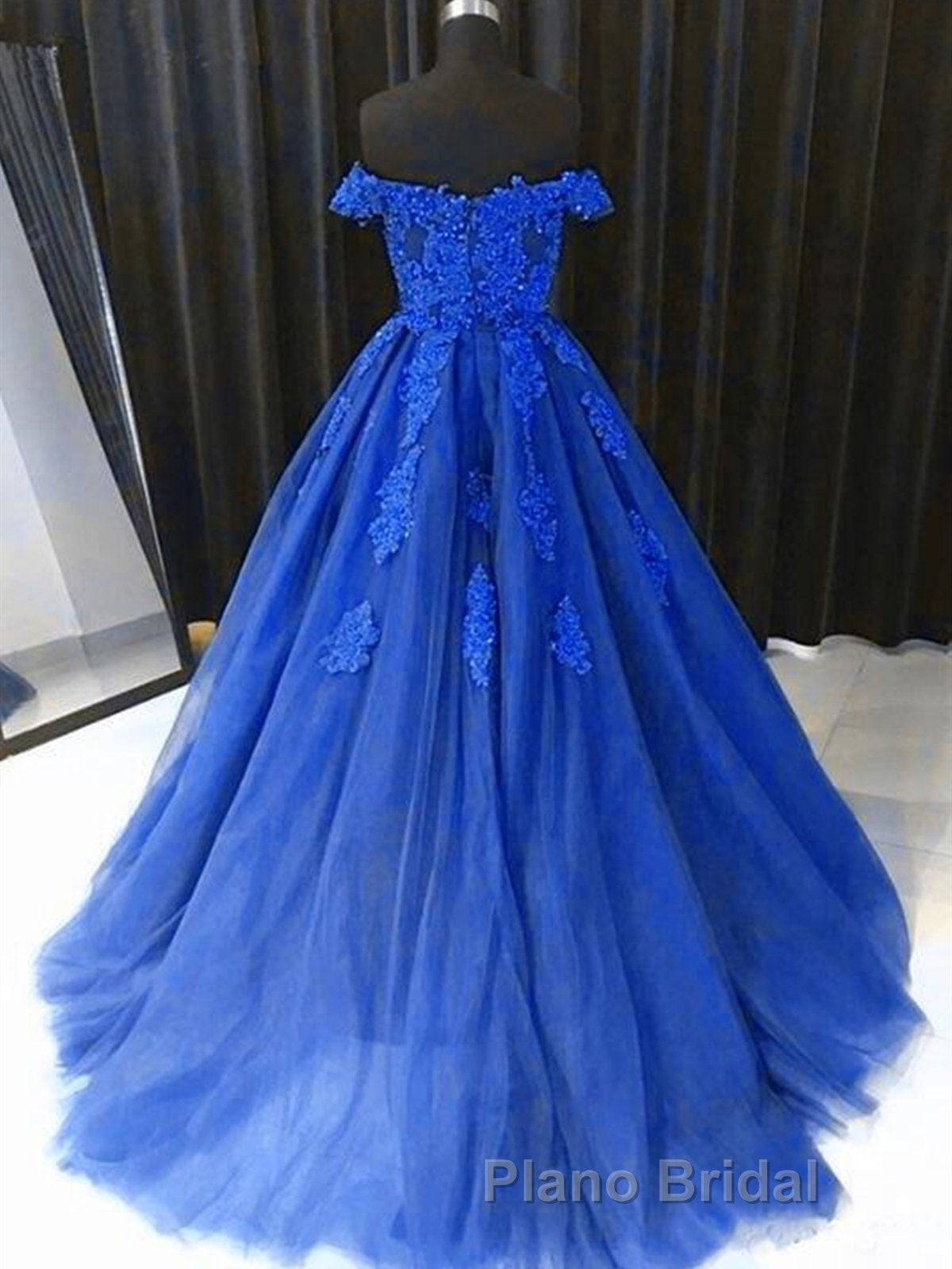 Off the Shouler Royal Blue Lace Formal Prom Dresses, Off Shoulder Blue Lace Formal Evening Dresses