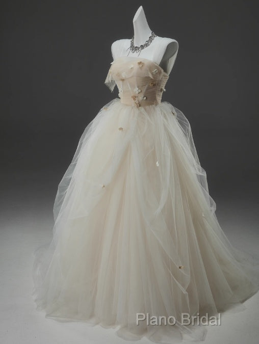 Off-White A-Line Straps Tulle Long Formal Prom Dresses Simple Applique Wedding Dresses