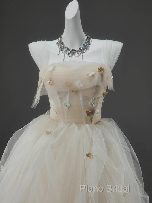 Off-White A-Line Straps Tulle Long Formal Prom Dresses Simple Applique Wedding Dresses