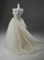 Off-White A-Line Straps Tulle Long Formal Prom Dresses Simple Applique Wedding Dresses