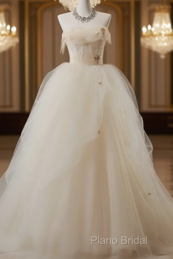 Off-White A-Line Straps Tulle Long Formal Prom Dresses Simple Applique Wedding Dresses Main image