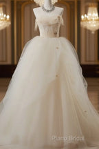 Off-White A-Line Straps Tulle Long Formal Prom Dresses Simple Applique Wedding Dresses