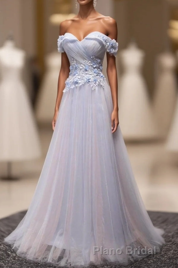 Light Blue Tulle Lace Long Formal Prom Dresses, Lace Evening Dresses Main image