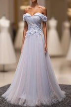 Light Blue Tulle Lace Long Formal Prom Dresses, Lace Evening Dresses