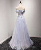 Light Blue Tulle Lace Long Formal Prom Dresses, Lace Evening Dresses