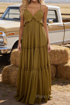 Olive Green A-line V Neck Sleeveless Floor-Length Chiffon Prom Dress Long Prom Dresses Backless with Pleated Ruffles