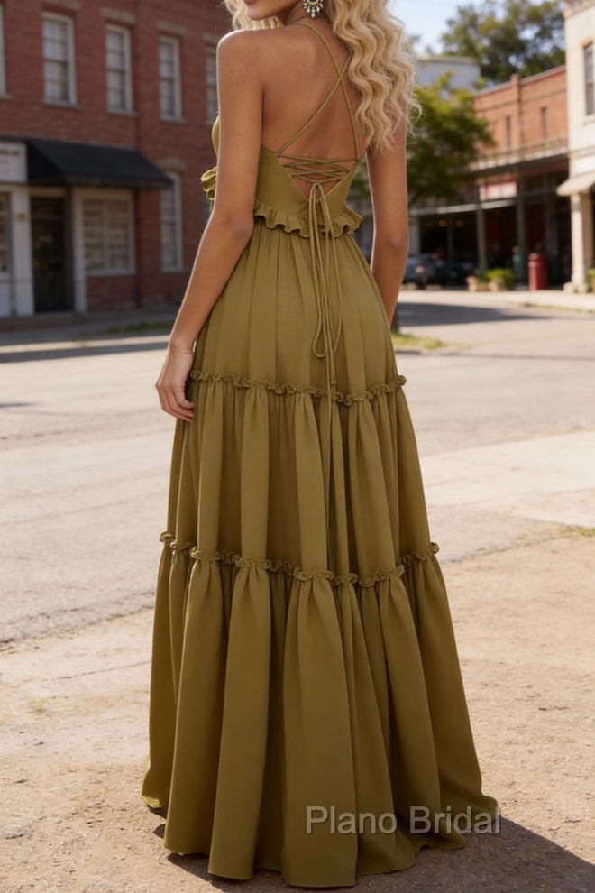 Olive Green A-line V Neck Sleeveless Floor-Length Chiffon Prom Dress Long Prom Dresses Backless with Pleated Ruffles