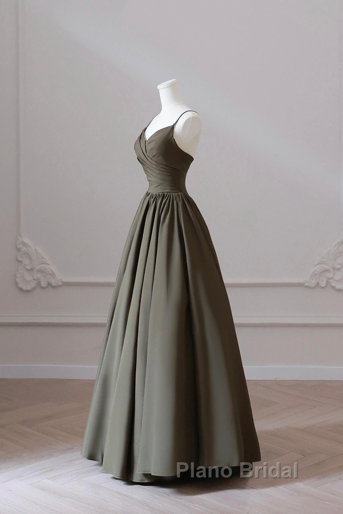 Olive Green Spaghetti Strap Satin Long Formal Prom Dresses, A-Line V Neck Party Dresses Secondary image